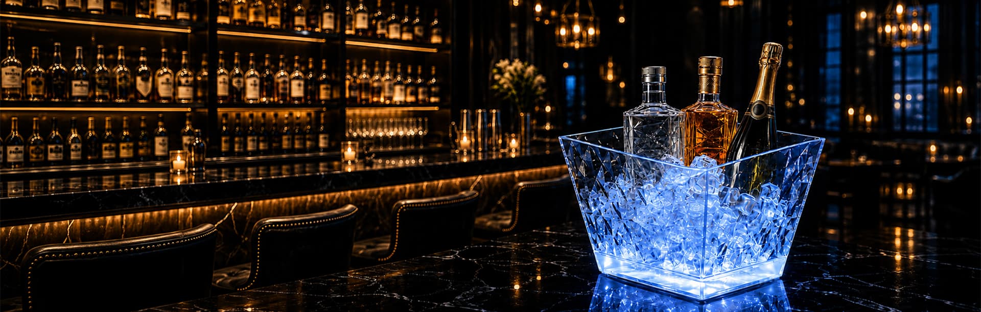 Comfort custom LED ice bucket with premium bottles in a luxury bar