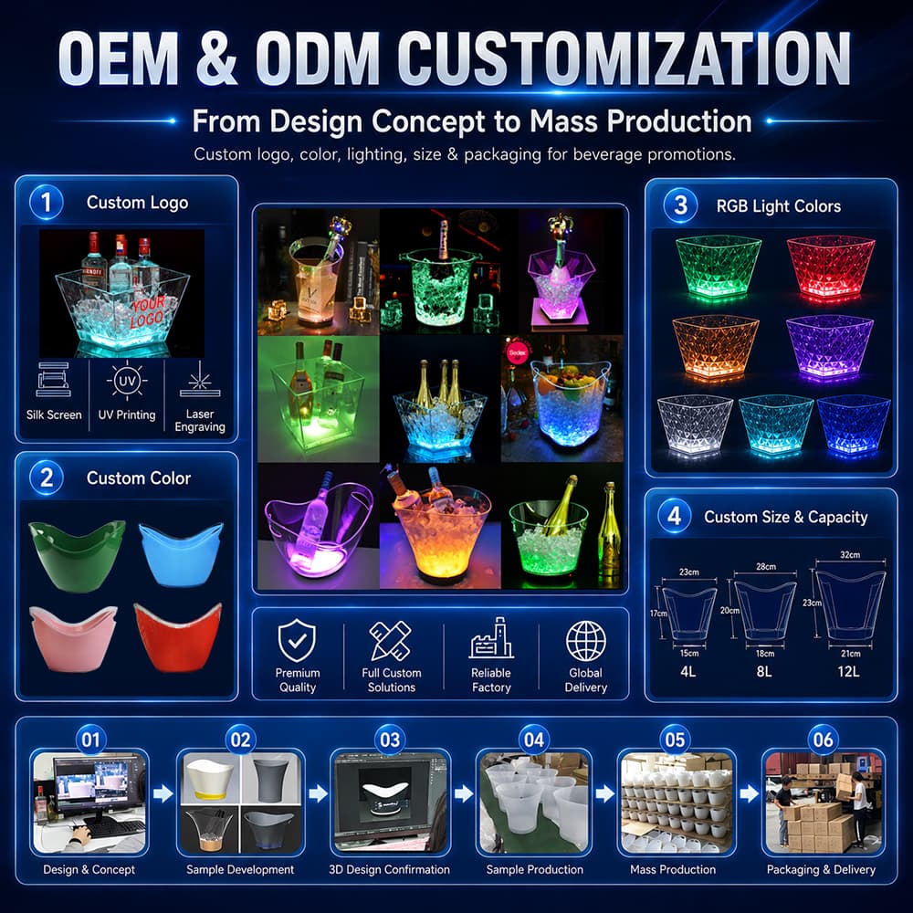 CF-314BF LED ice bucket color variations, product dimensions and base details