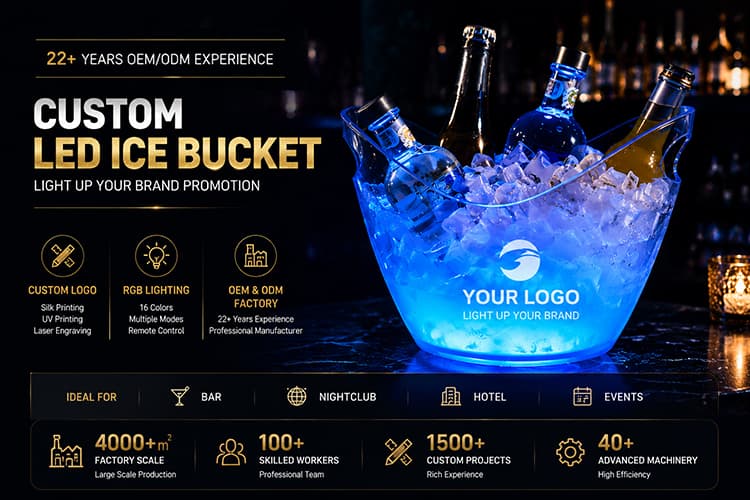 Custom LED ice bucket for brand promotion with factory capability icons