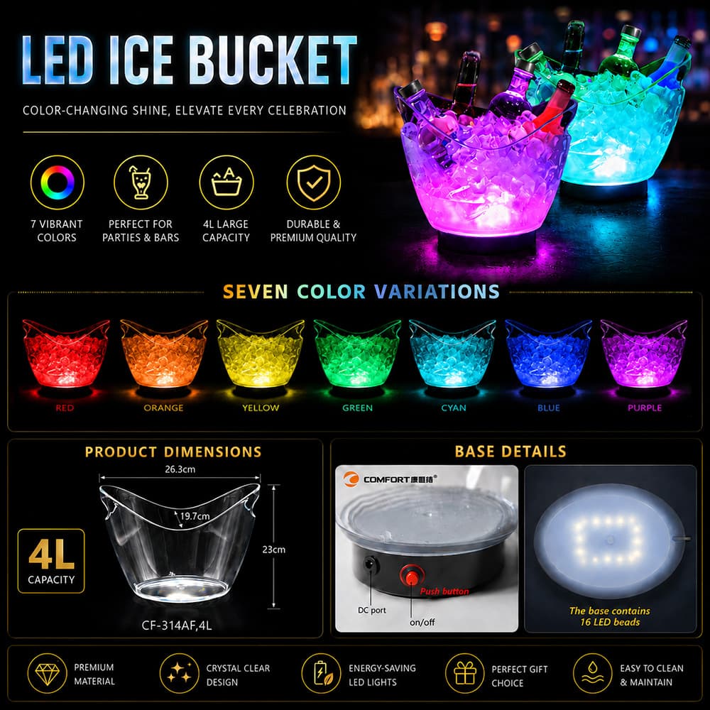 LED ice bucket color variations product dimensions and base details