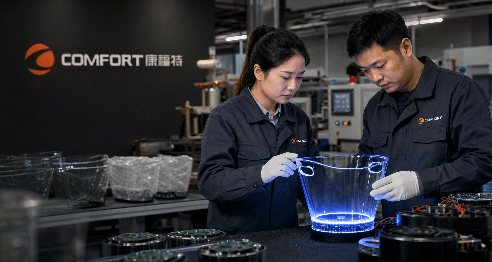 Comfort quality inspectors checking a custom LED ice bucket