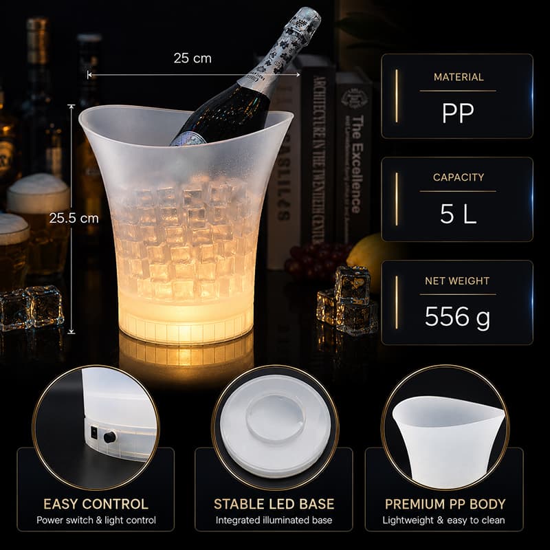 CF-328BF LED ice bucket specifications showing PP material 5L capacity and 556g weight